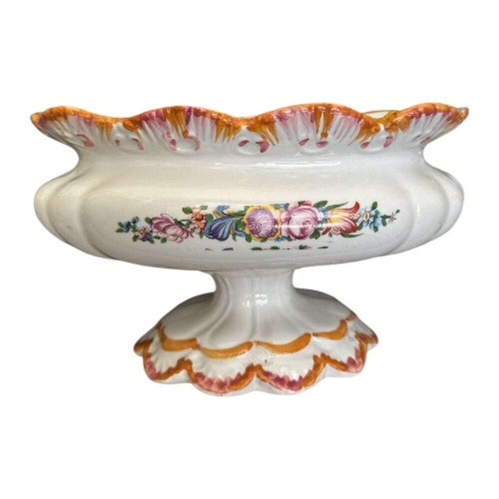 Vintage Italian Hand Painted Tureen Pedestal Scalloped Edge  Vase